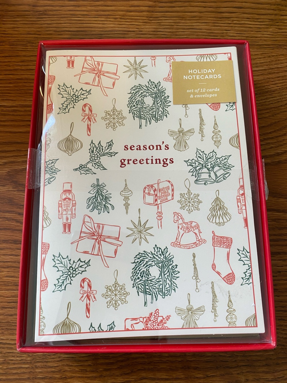 Season's Greetings Holiday Note Card Set - Red Green Gold Illustrations